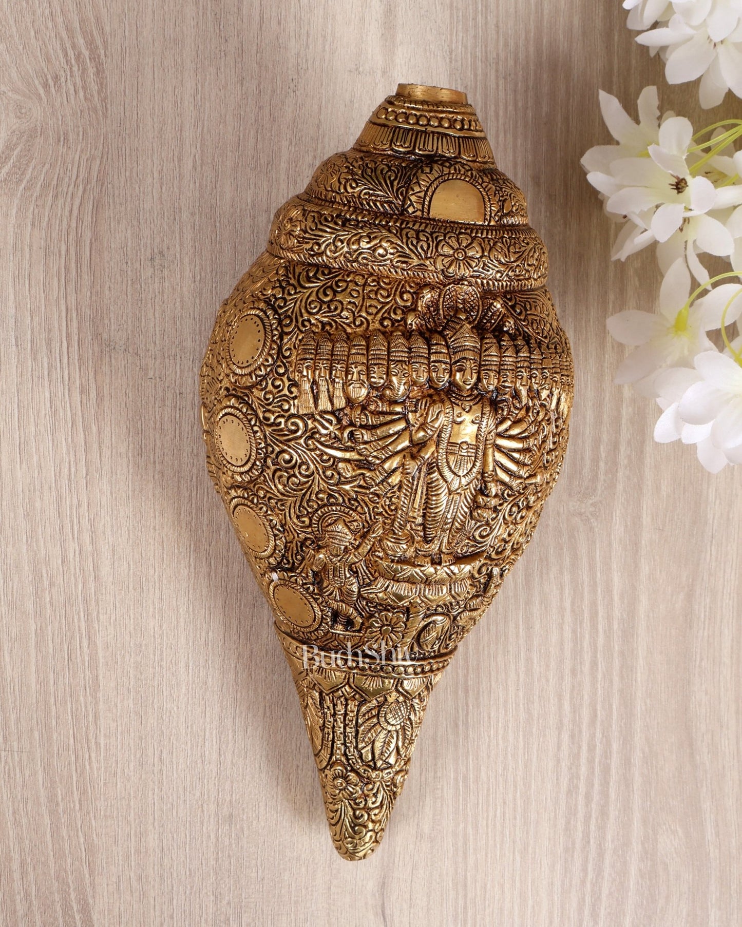 Brass Vishnu Virat Roop Shankh Vishwaroopam Conch 8.5 inch antique - Budhshiv.com