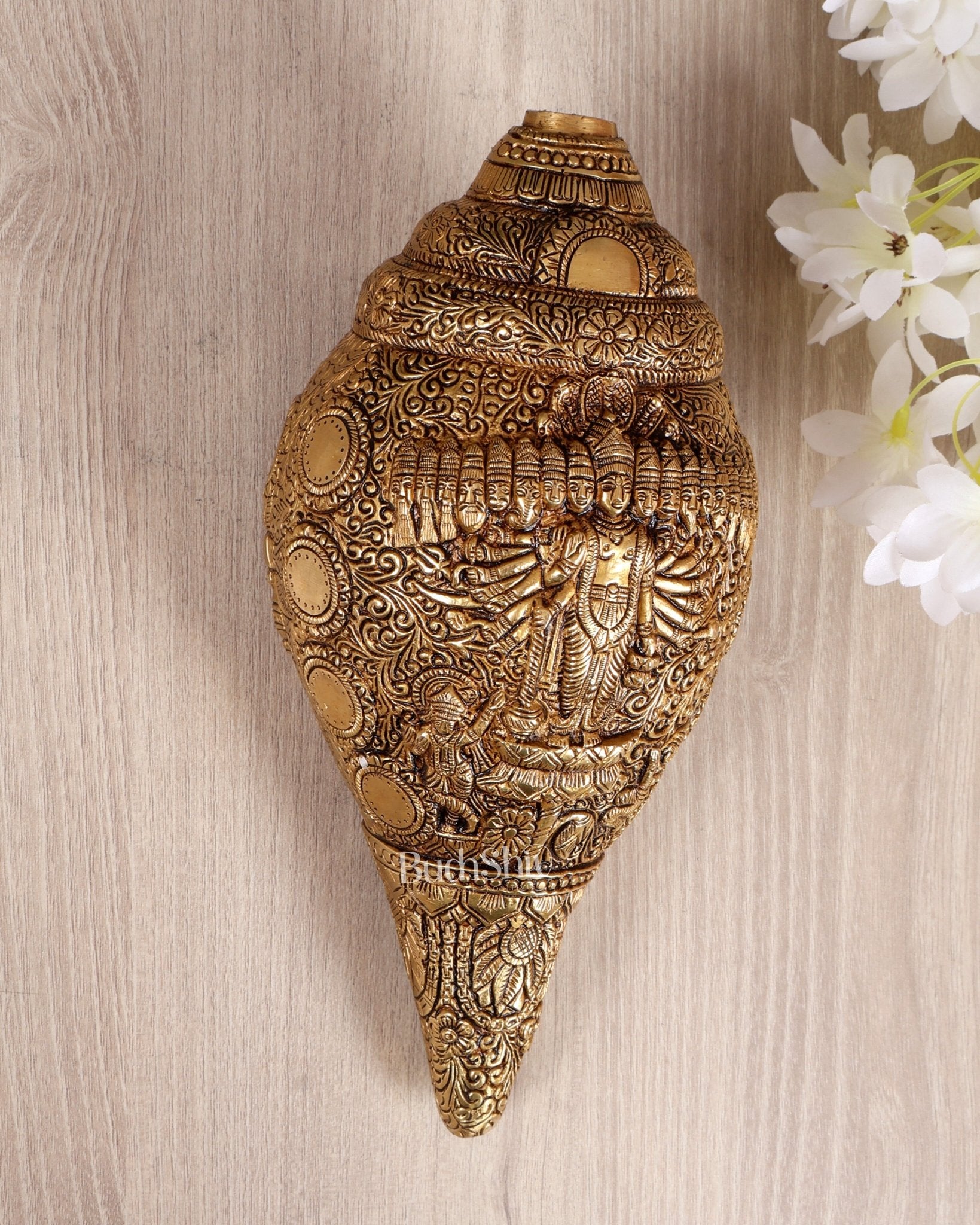 Brass Vishnu Virat Roop Shankh Vishwaroopam Conch 8.5 inch antique - Budhshiv.com