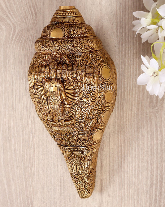 Brass Vishnu Virat Roop Shankh Vishwaroopam Conch 8.5 inch antique - Budhshiv.com