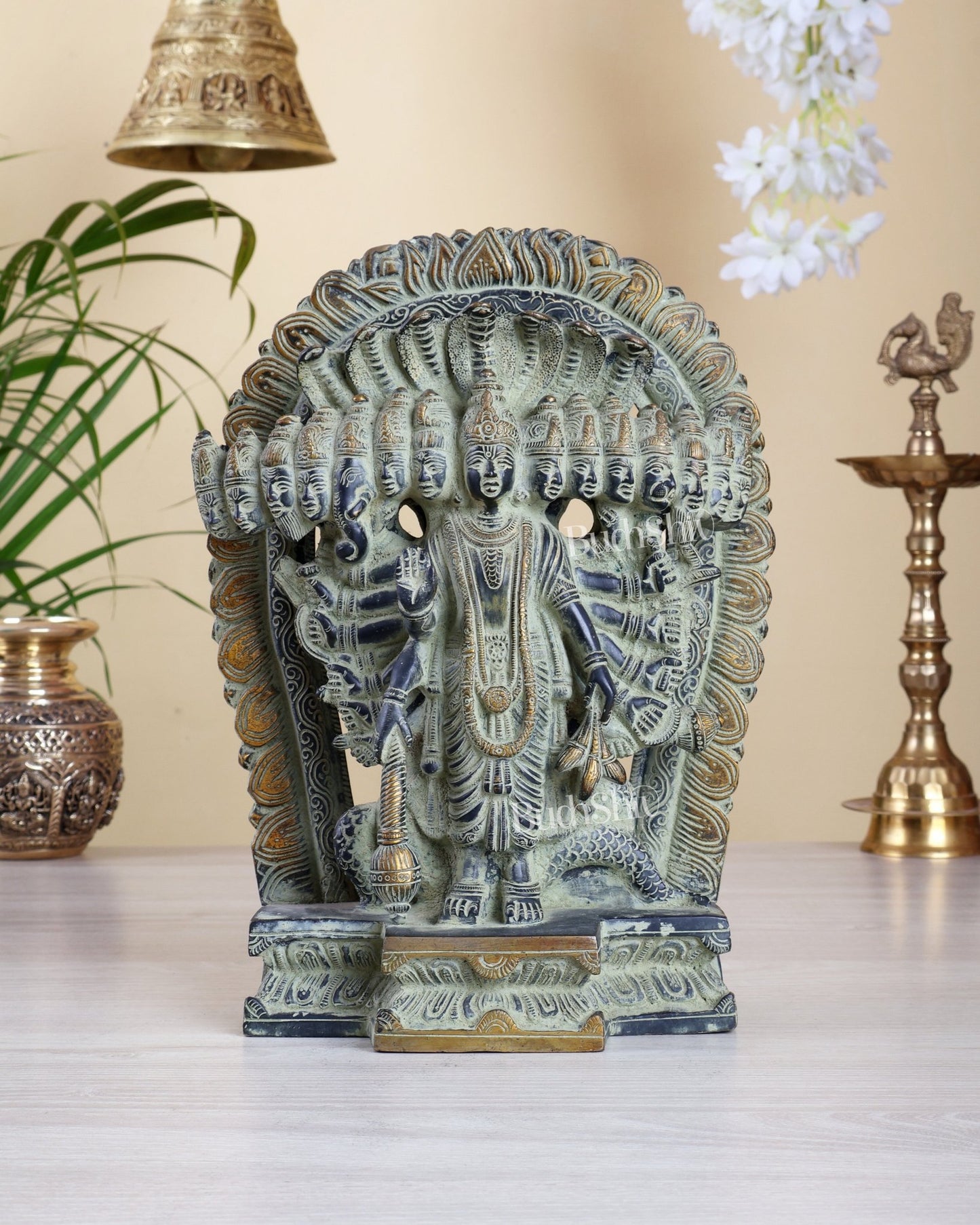 Brass Vishnu Virat Roop Statue – Vishwaroopam Green Patina Antique Finish 12 inch - Budhshiv.com