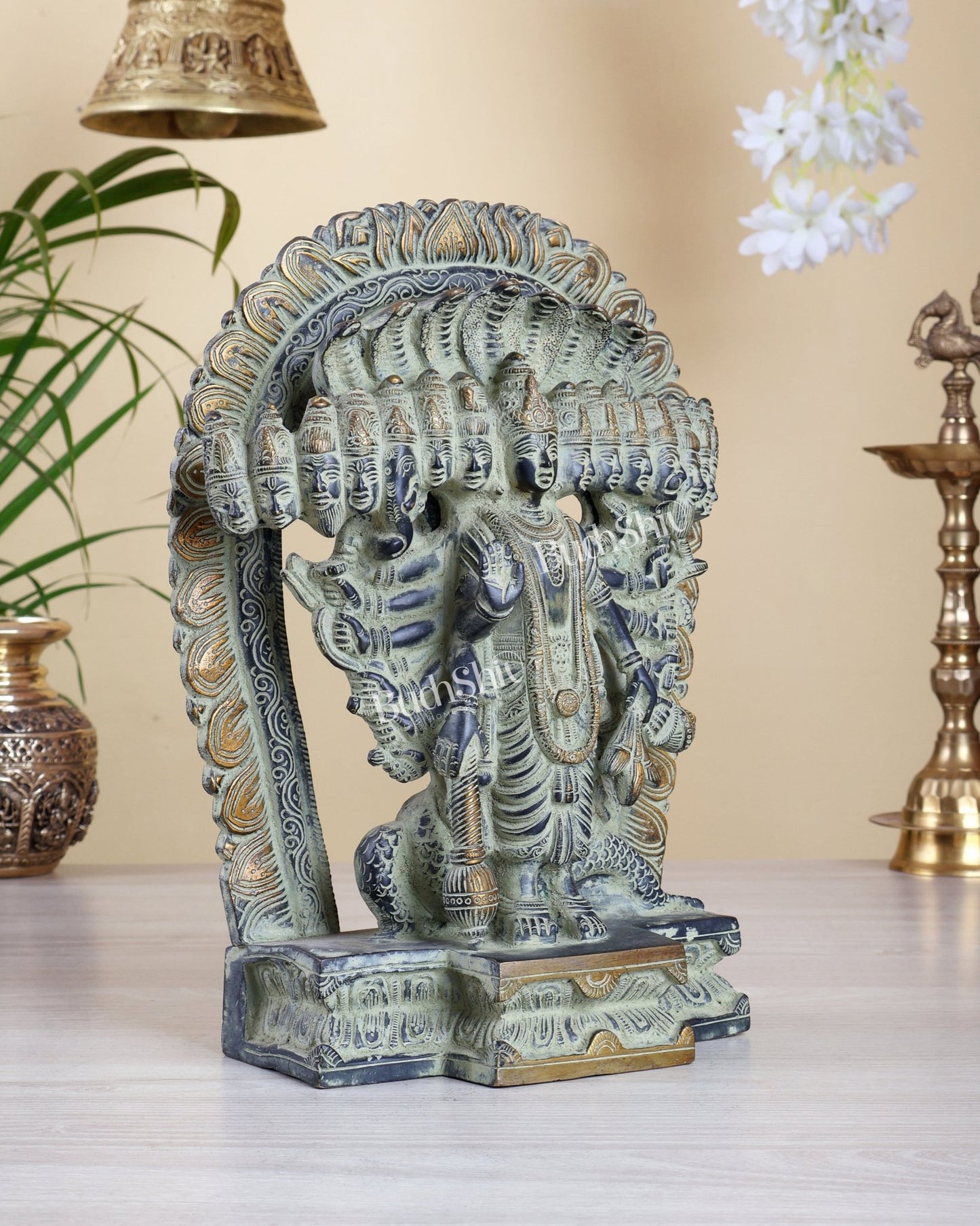 Brass Vishnu Virat Roop Statue – Vishwaroopam Green Patina Antique Finish 12 inch - Budhshiv.com