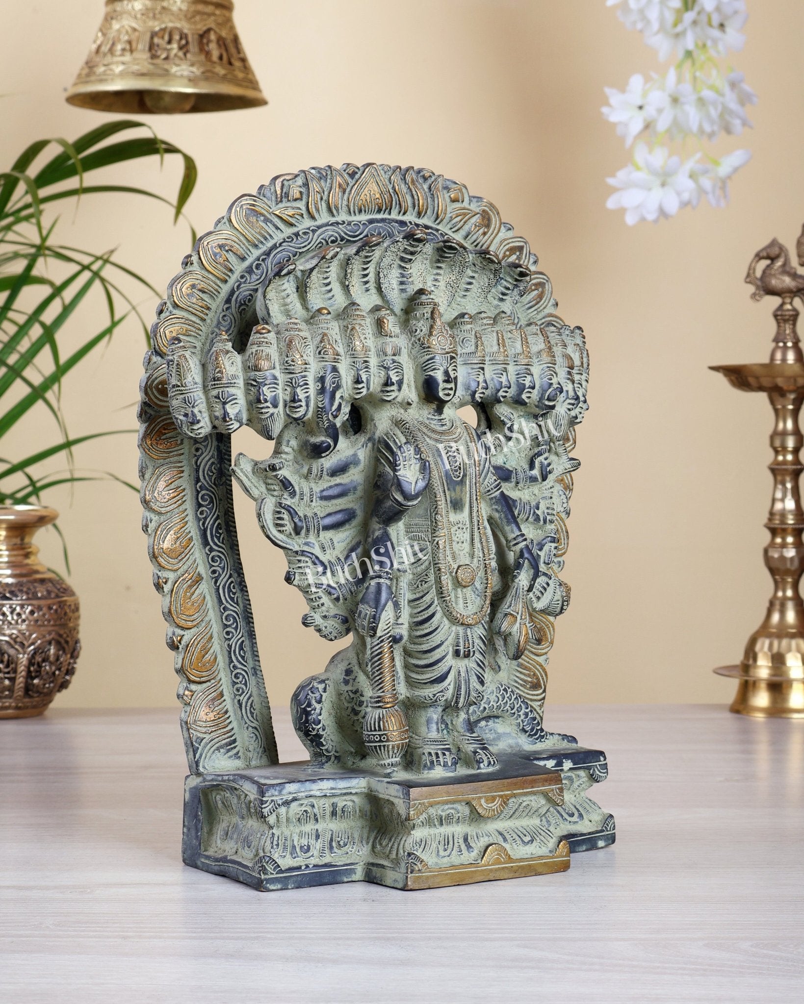 Brass Vishnu Virat Roop Statue – Vishwaroopam Green Patina Antique Finish 12 inch - Budhshiv.com