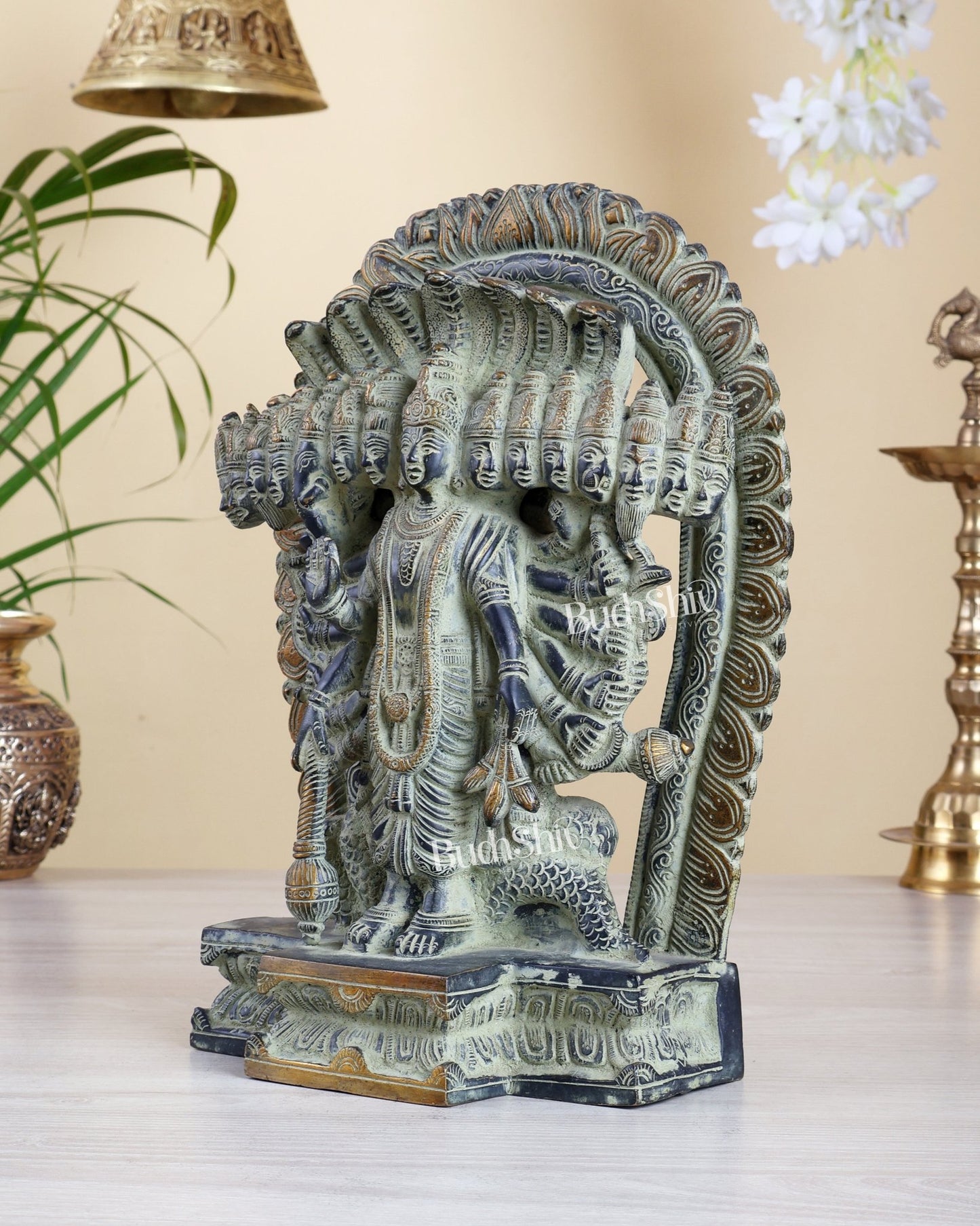 Brass Vishnu Virat Roop Statue – Vishwaroopam Green Patina Antique Finish 12 inch - Budhshiv.com
