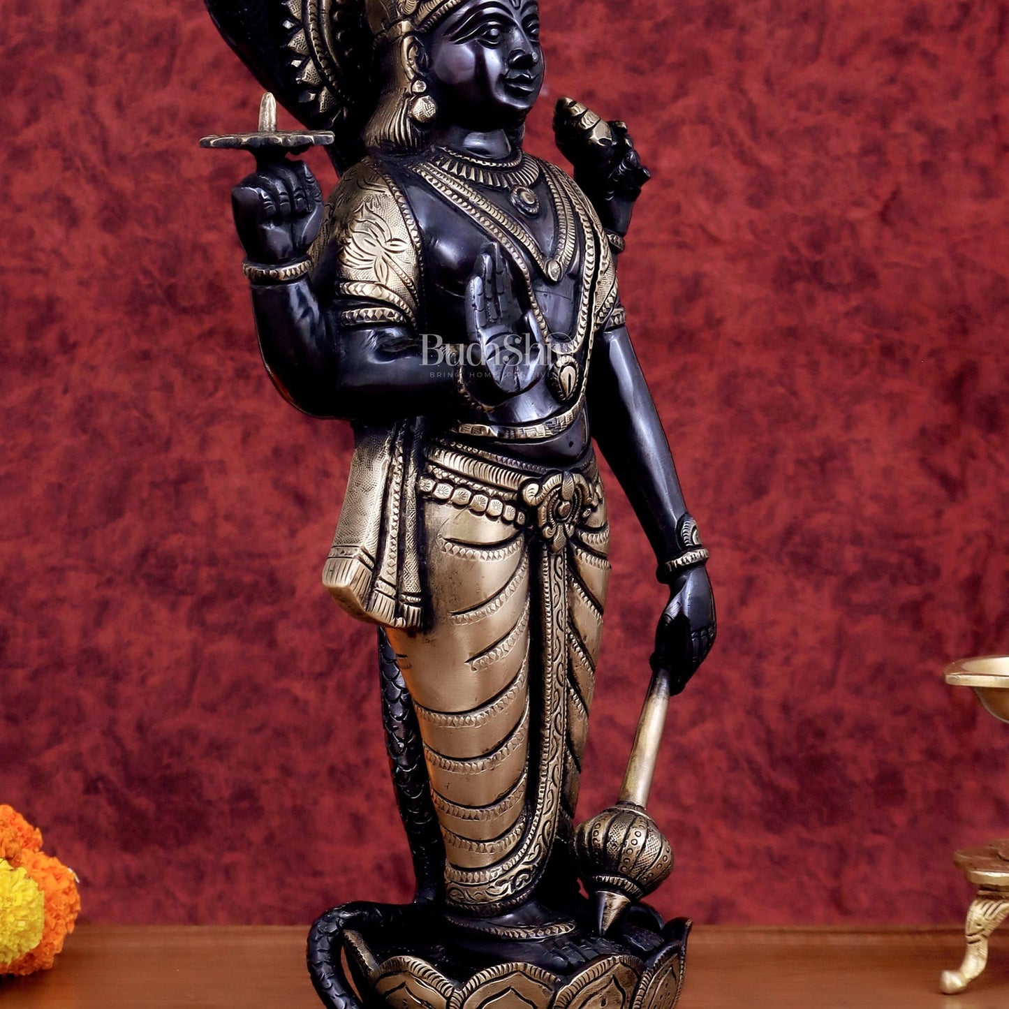 Brass Vishnu with sheshanaag standing statue 17 inch - Budhshiv.com