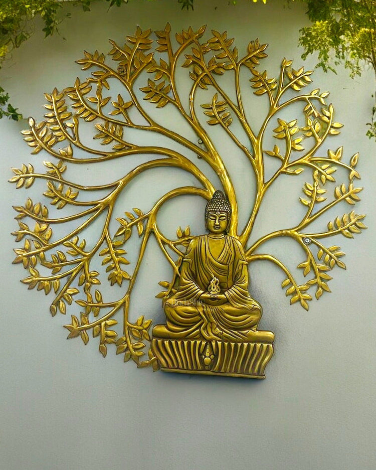 Brass Wall Hanging Buddha with Bodhi Tree - 44 Inches - Budhshiv.com