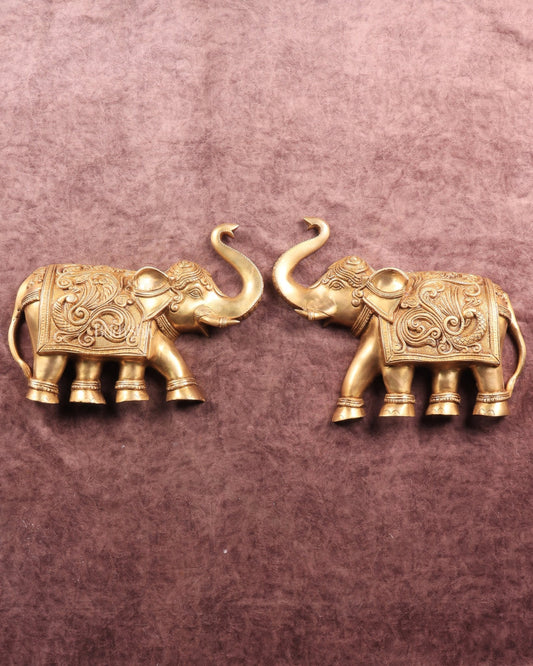 Brass Wall Hanging Elephants with Trunk Up – Pair | Elegant Home Décor 13" - Budhshiv.com