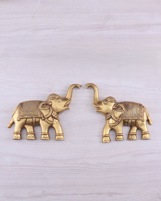 Brass Wall Hanging Elephants with Trunk Up – Pair | Elegant Home Décor 8.5" - Budhshiv.com