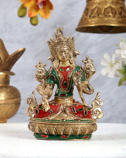 Brass White Tara Statue with Meenakari Work – Handcrafted Sacred Buddhist Idol 6 inch - Budhshiv.com