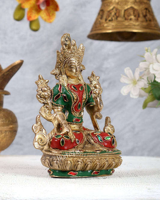 Brass White Tara Statue with Meenakari Work – Handcrafted Sacred Buddhist Idol 6 inch - Budhshiv.com
