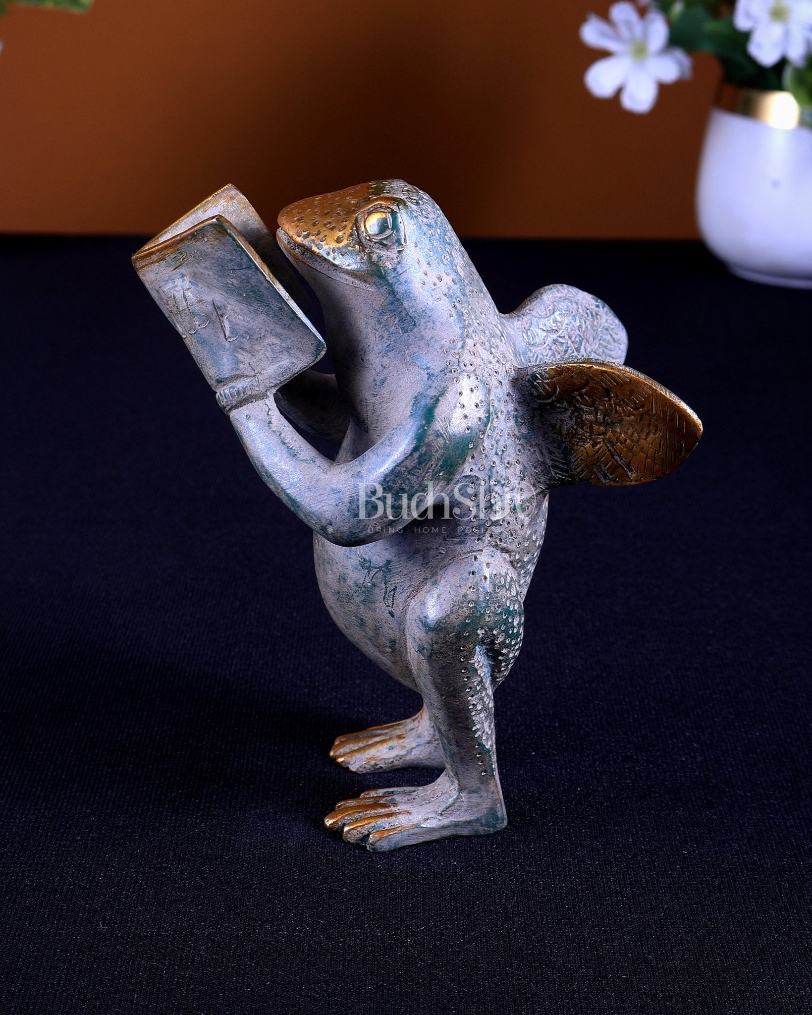 Brass Winged Frog Reading a Book – Whimsical Fantasy Collectible Showpiece - Budhshiv.com