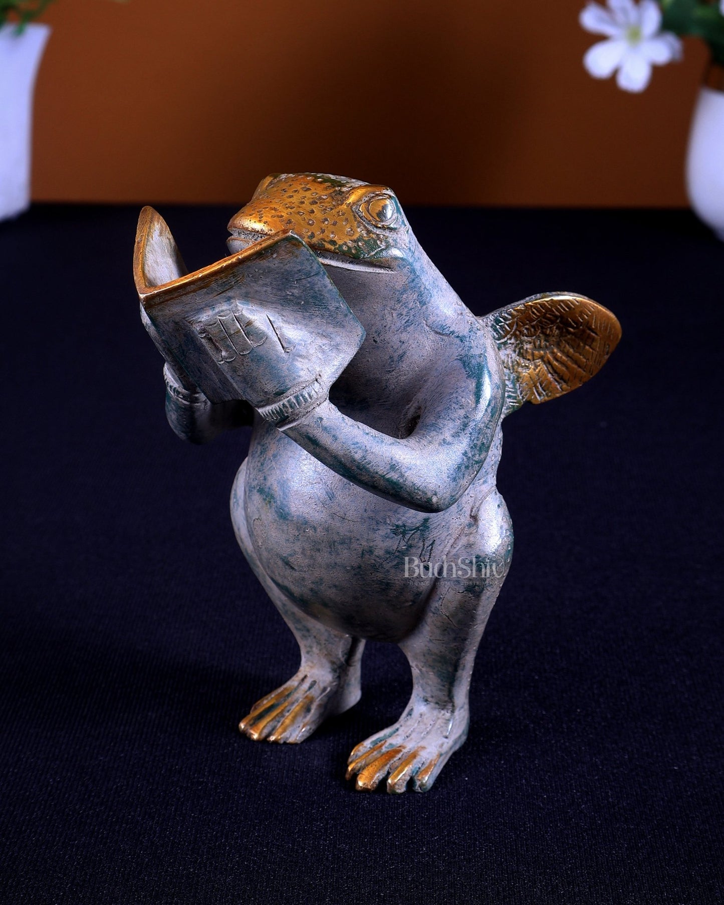 Brass Winged Frog Reading a Book – Whimsical Fantasy Collectible Showpiece - Budhshiv.com