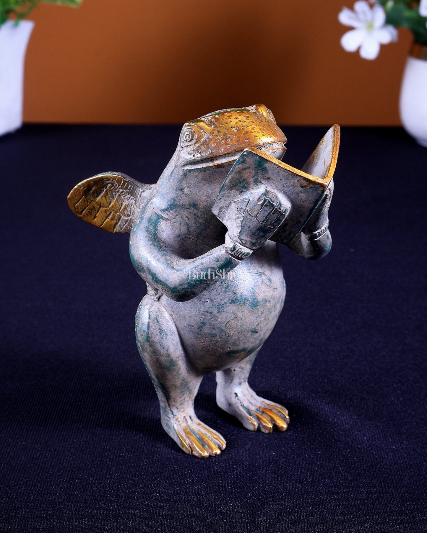 Brass Winged Frog Reading a Book – Whimsical Fantasy Collectible Showpiece - Budhshiv.com