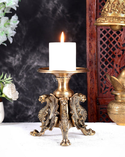 Brass Yali Candle Stand – Unique Mythical Creature Design Decorative Holder 7 inch - Budhshiv.com