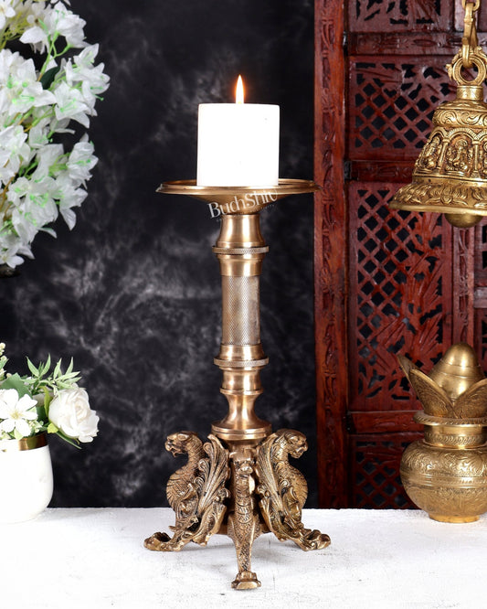 Brass Yali Candle Stand – Unique Mythical Guardian Design Decorative Holder (13 Inches) - Budhshiv.com