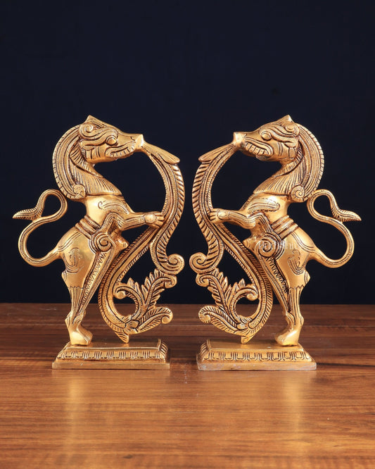 Brass Yali Table Temple Décor Showpiece – Pair, 8.5 Inch, - Budhshiv.com