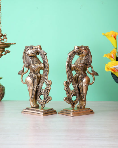 Brass Yali Temple Lion Guardian Statue Pair – Auspicious Vastu Protective Artefact 11" - Budhshiv.com