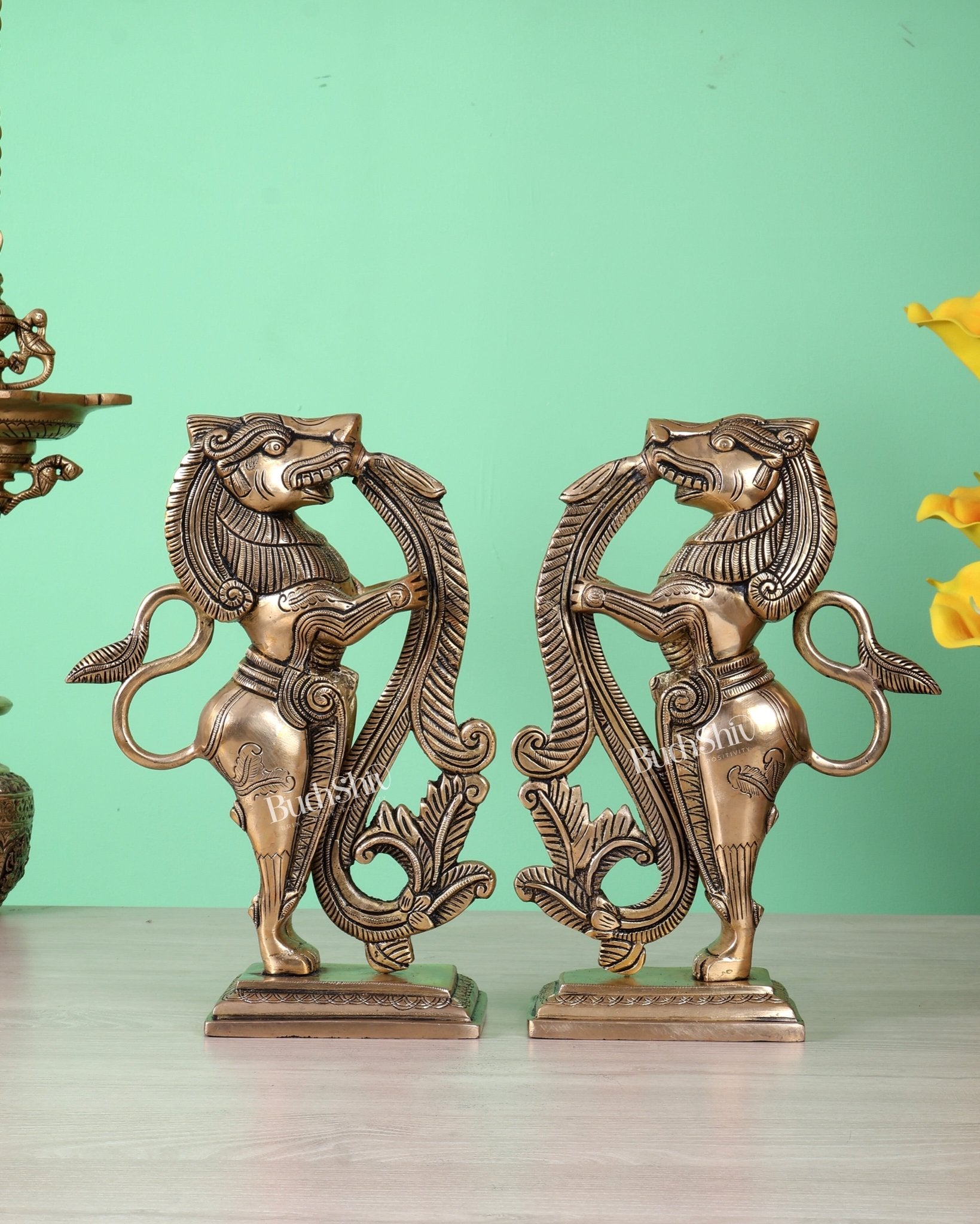 Brass Yali Temple Lion Guardian Statue Pair – Auspicious Vastu Protective Artefact 11" - Budhshiv.com