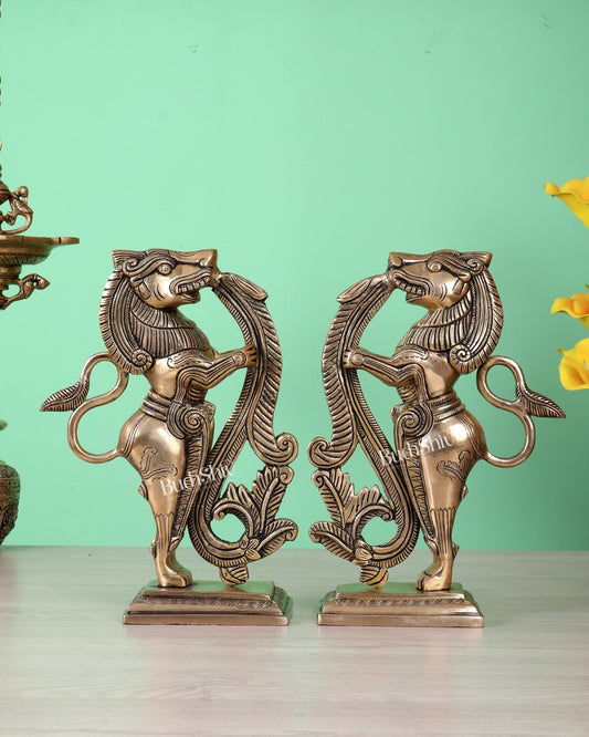 Brass Yali Temple Lion Guardian Statue Pair – Auspicious Vastu Protective Artefact 11" - Budhshiv.com