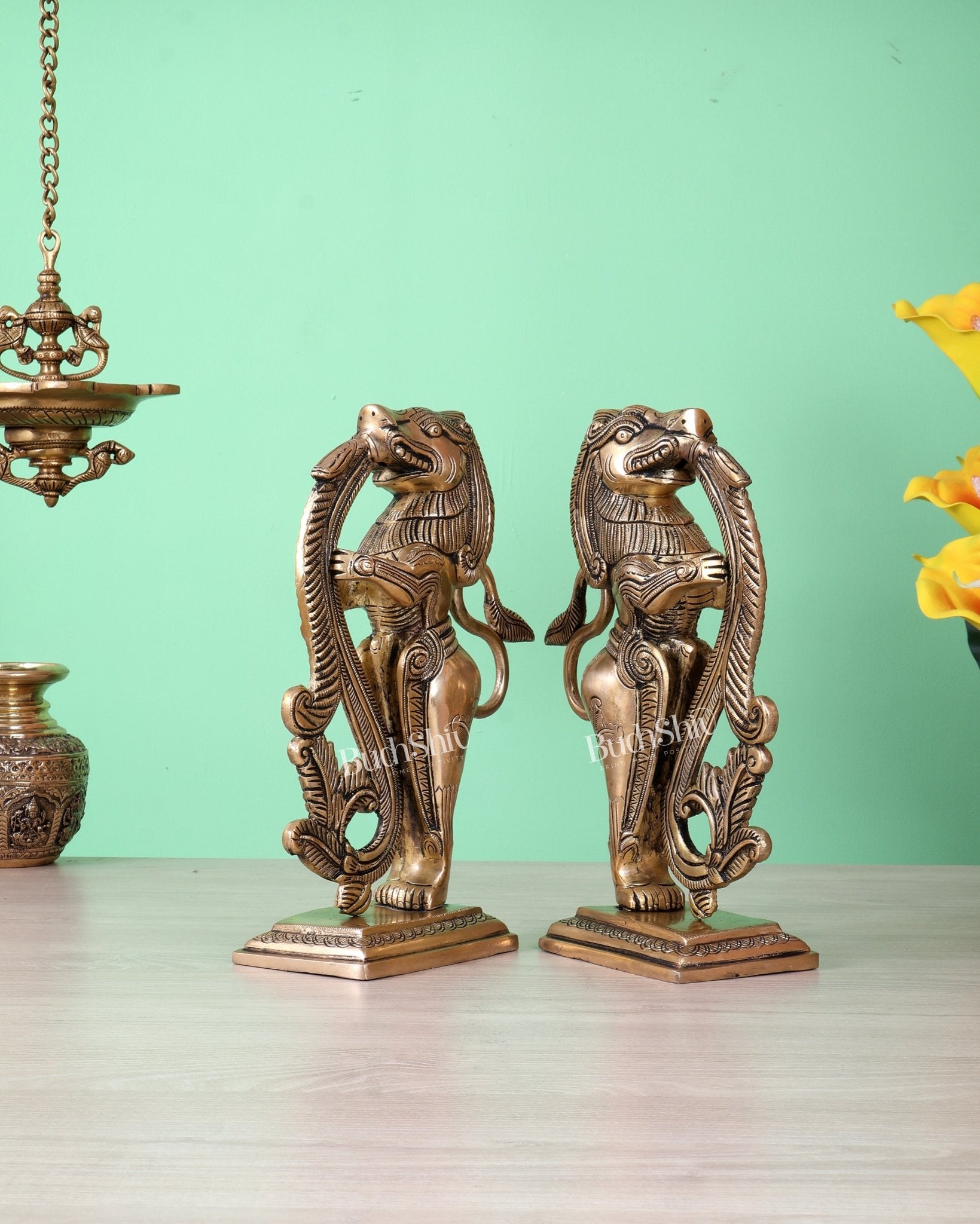 Brass Yali Temple Lion Guardian Statue Pair – Auspicious Vastu Protective Artefact 11" - Budhshiv.com