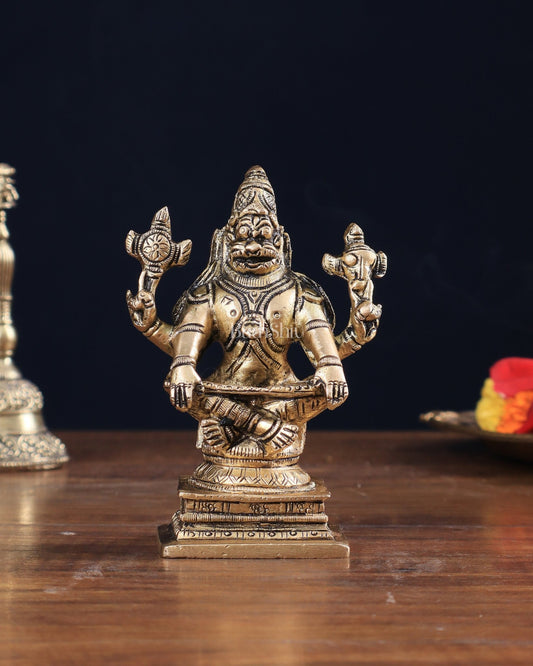 Brass Yog Narasimha Statue (Small) 4" - Budhshiv.com