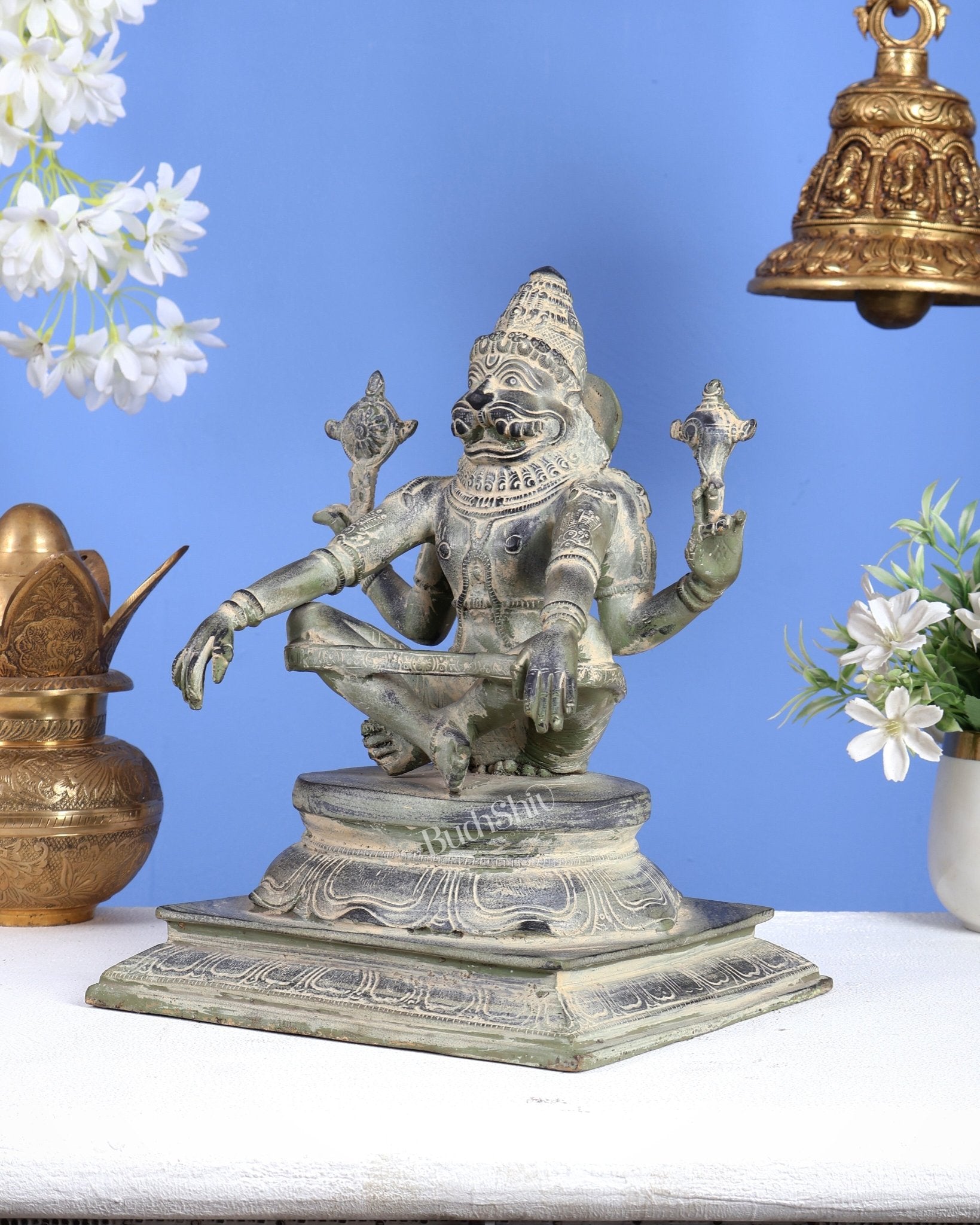 Brass Yog Narasimha swamy Statue 11" vintage tone - Budhshiv.com