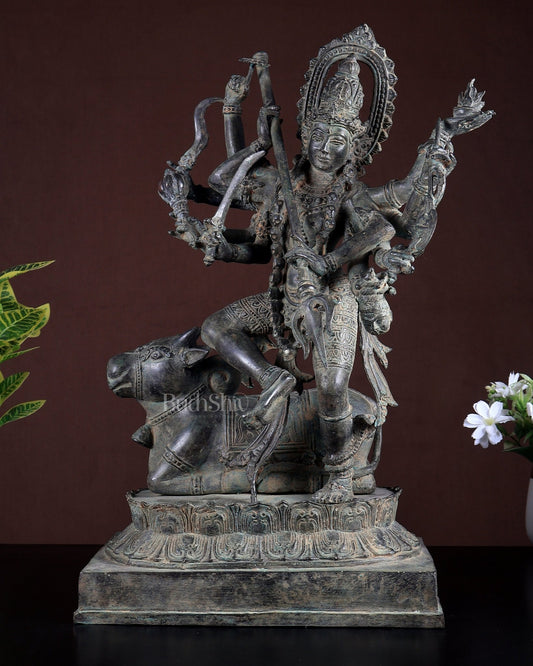 Bronze Adishakti Durga with Nandi Sculpture – Vintage Patina Finish 18 inch - Budhshiv.com