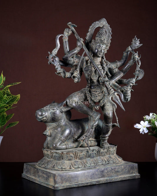 Bronze Adishakti Durga with Nandi Sculpture – Vintage Patina Finish 18 inch - Budhshiv.com