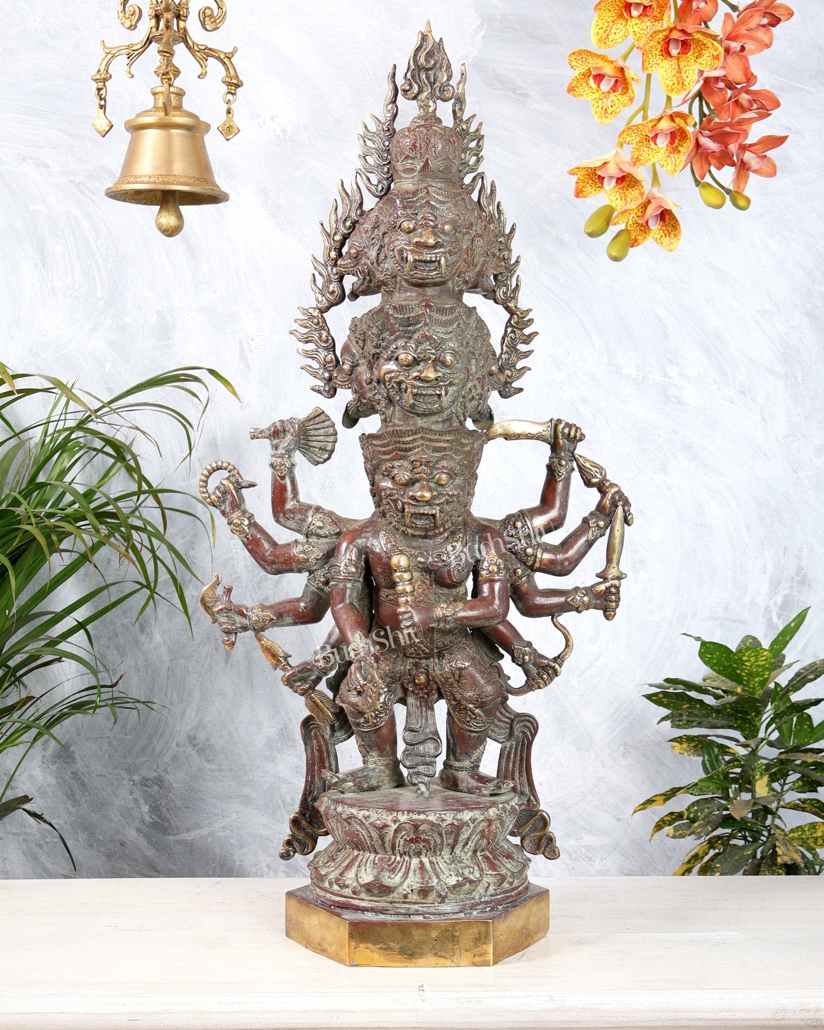 Bronze Bhadrakala Bhairava Himalayan Deity Sculpture | Fierce Protector Bhairava Statue 29.5" - Budhshiv.com