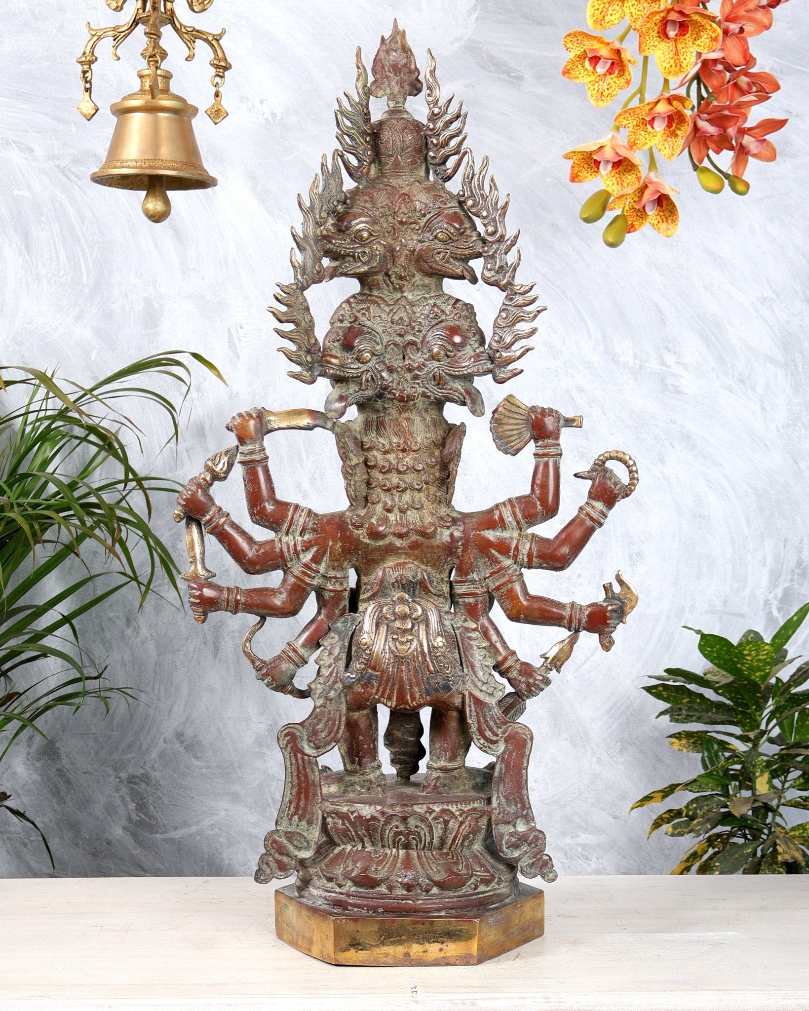 Bronze Bhadrakala Bhairava Himalayan Deity Sculpture | Fierce Protector Bhairava Statue 29.5" - Budhshiv.com