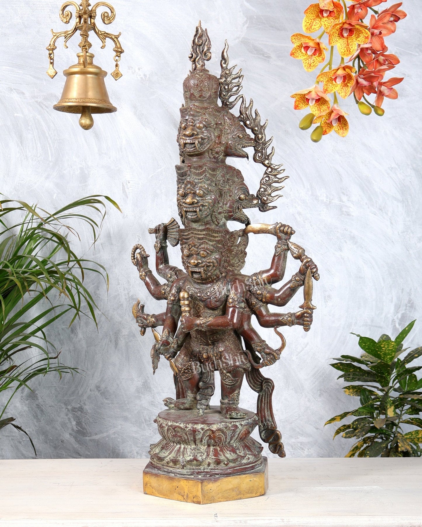 Bronze Bhadrakala Bhairava Himalayan Deity Sculpture | Fierce Protector Bhairava Statue 29.5" - Budhshiv.com