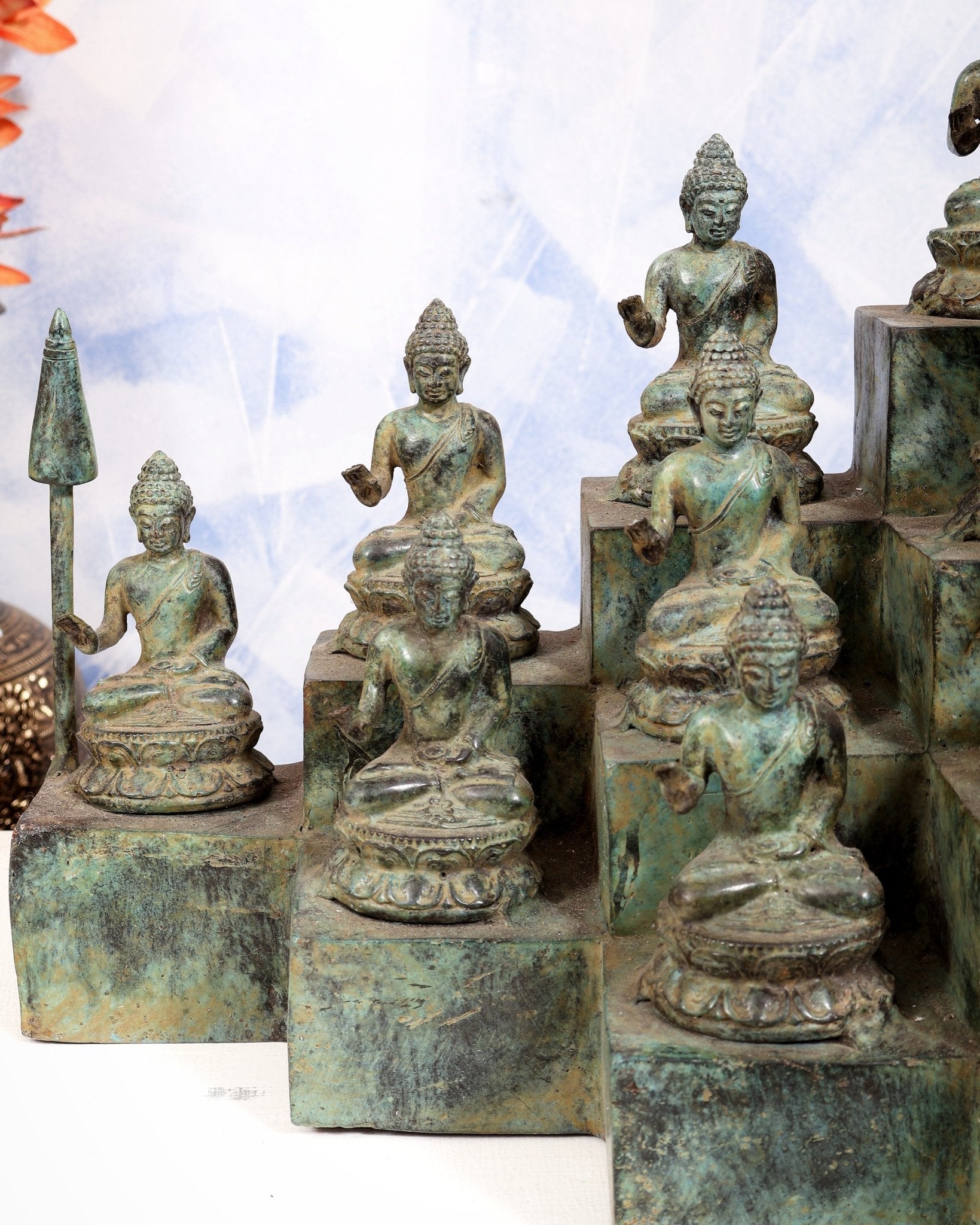 Bronze Borobudur Temple Buddha Statue | 16 Small Buddha Idols | Handcrafted Sacred Buddhist Décor - Budhshiv.com