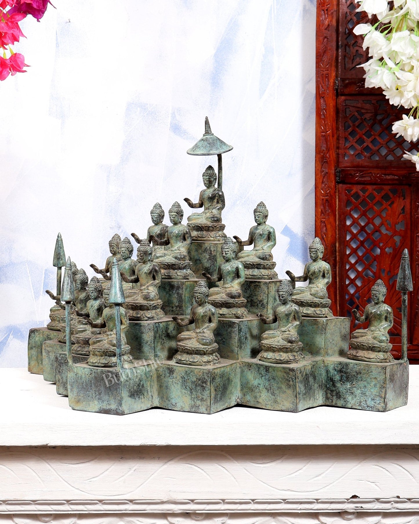 Bronze Borobudur Temple Buddha Statue | 16 Small Buddha Idols | Handcrafted Sacred Buddhist Décor - Budhshiv.com