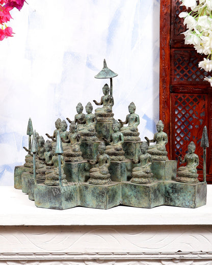 Bronze Borobudur Temple Buddha Statue | 16 Small Buddha Idols | Handcrafted Sacred Buddhist Décor - Budhshiv.com