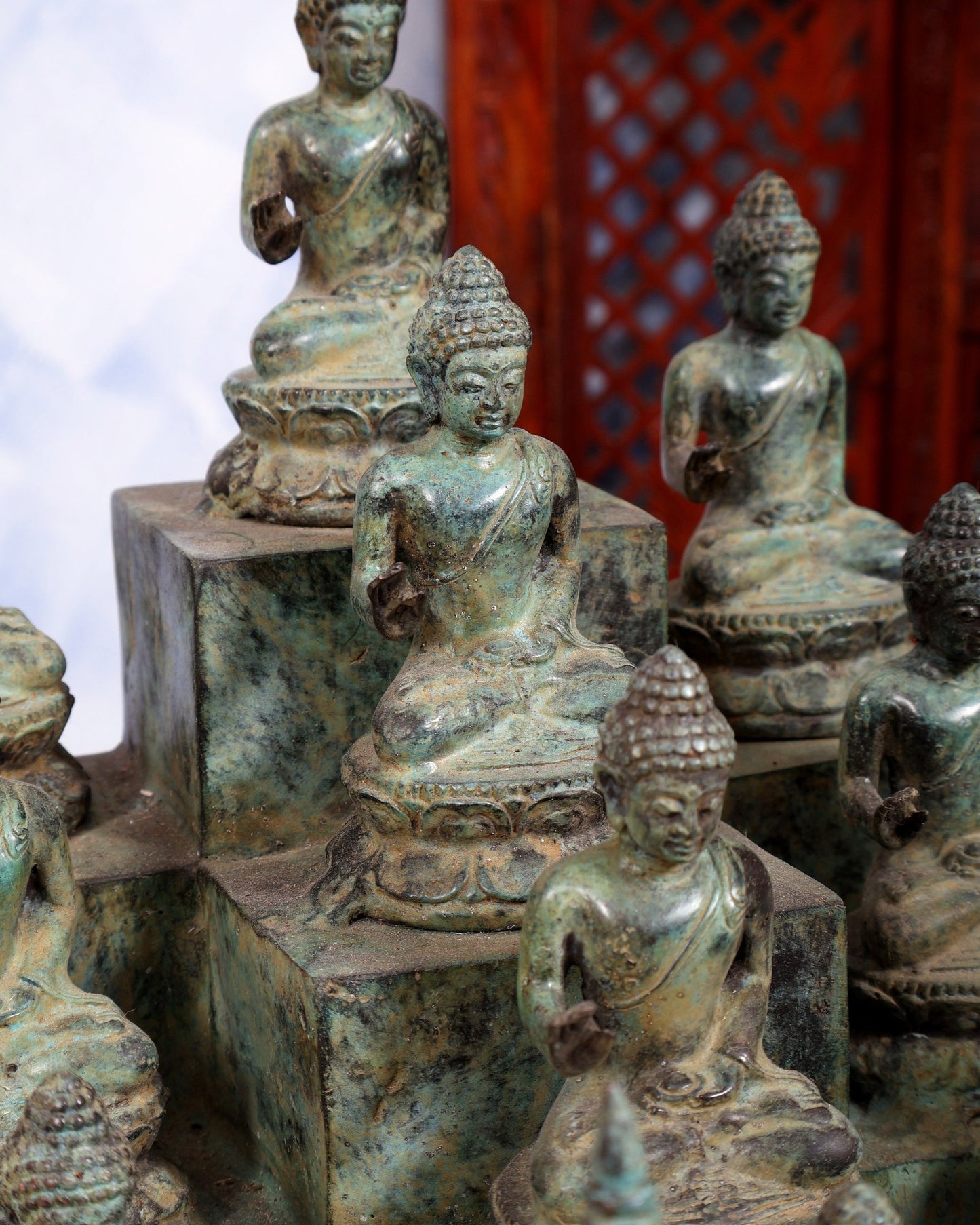 Bronze Borobudur Temple Buddha Statue | 16 Small Buddha Idols | Handcrafted Sacred Buddhist Décor - Budhshiv.com