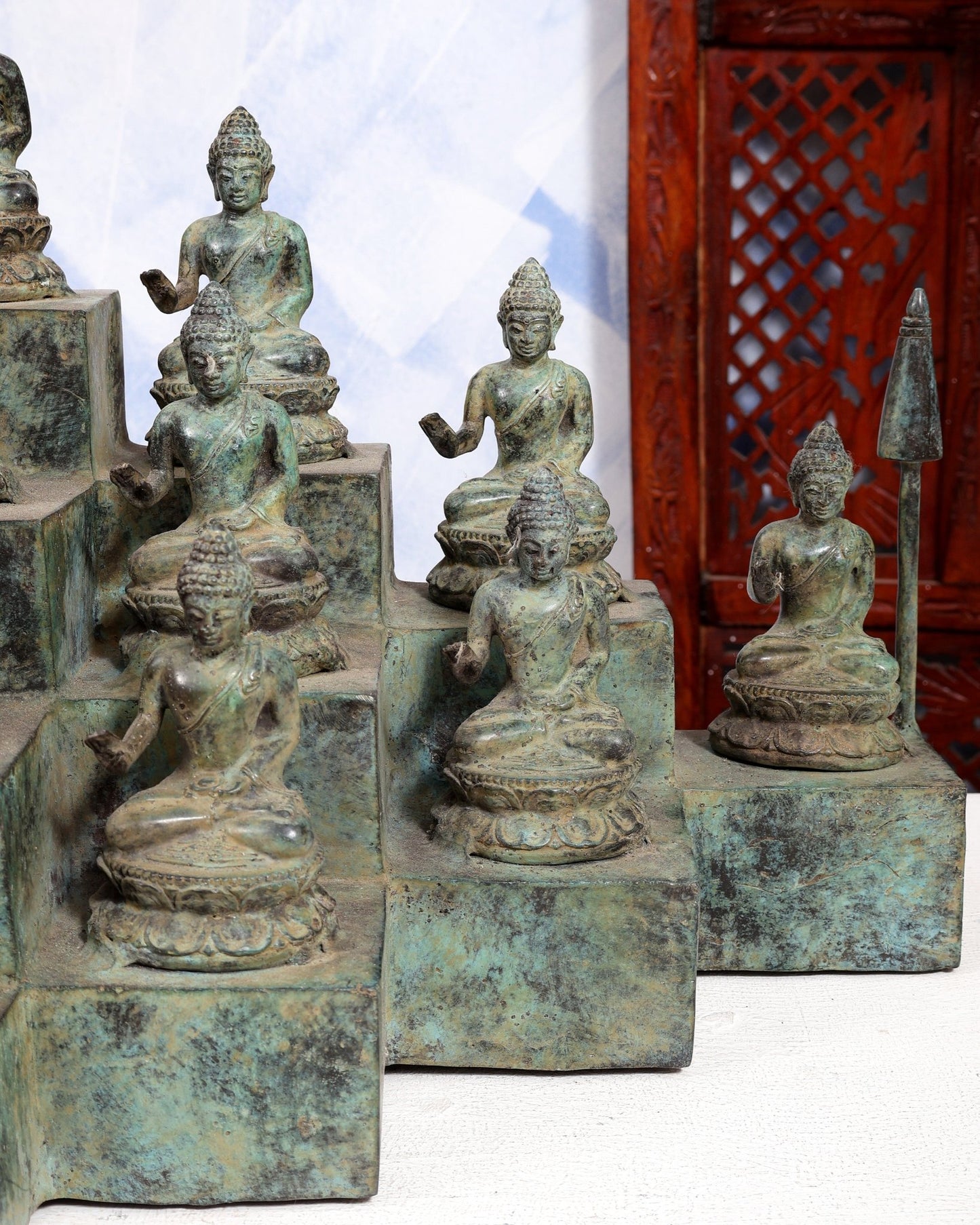Bronze Borobudur Temple Buddha Statue | 16 Small Buddha Idols | Handcrafted Sacred Buddhist Décor - Budhshiv.com