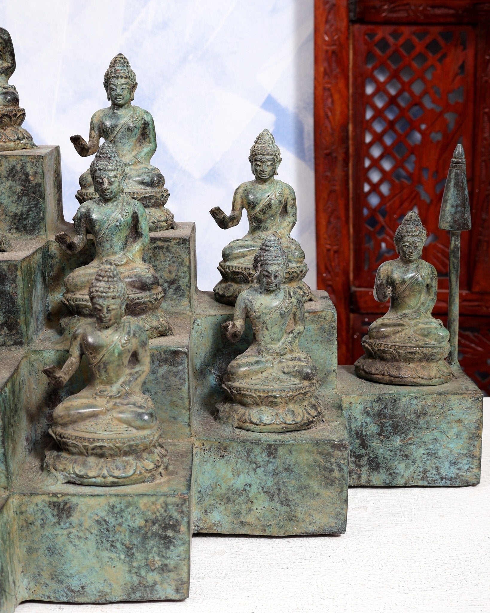 Bronze Borobudur Temple Buddha Statue | 16 Small Buddha Idols | Handcrafted Sacred Buddhist Décor - Budhshiv.com