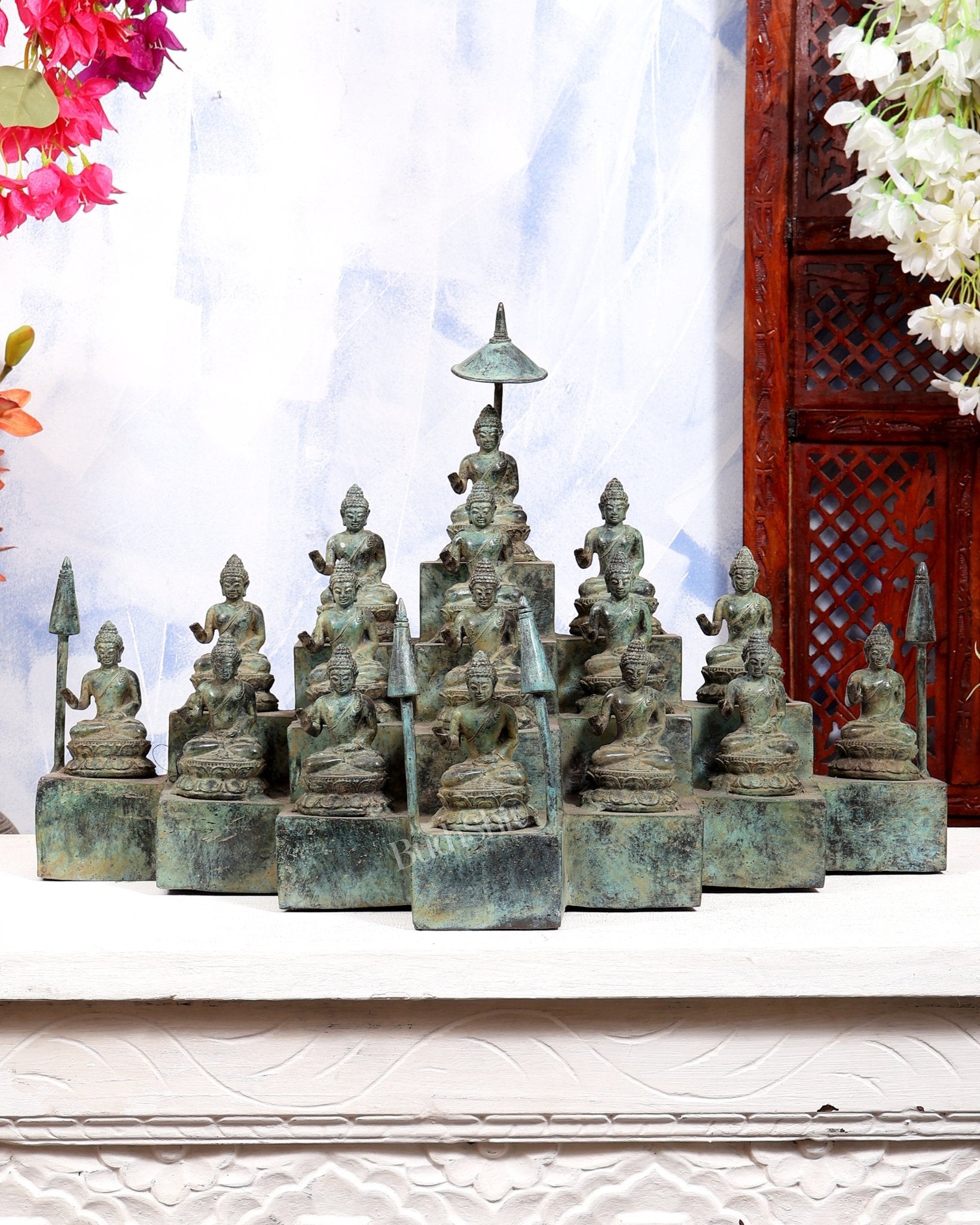 Bronze Borobudur Temple Buddha Statue | 16 Small Buddha Idols | Handcrafted Sacred Buddhist Décor - Budhshiv.com