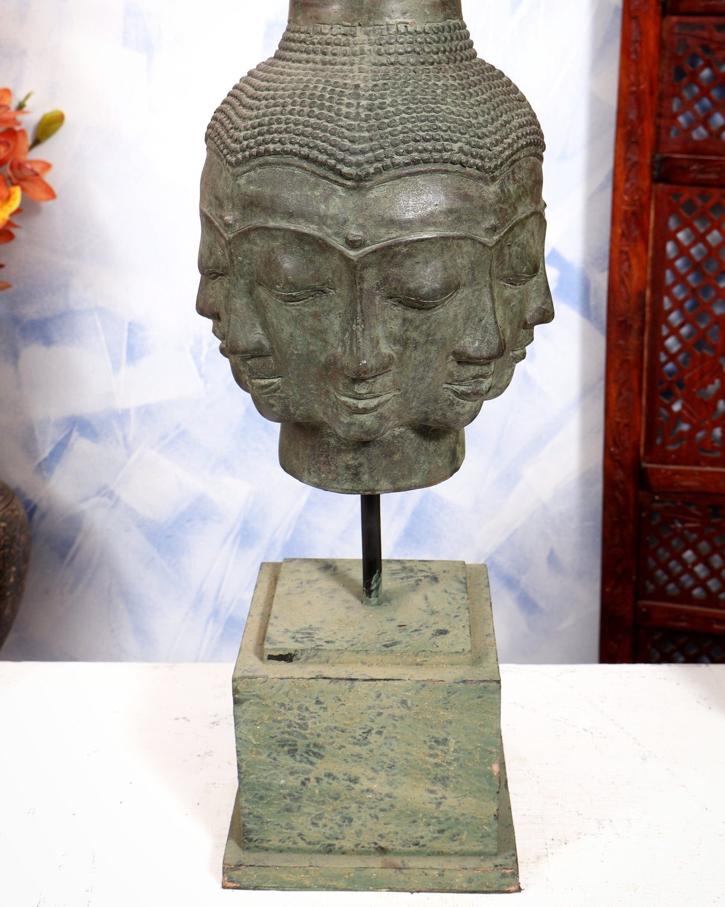 Bronze Buddha faces multi dimensional busts Tower with 40 faces | Lost Wax Sculpture with wooden stand - Budhshiv.com
