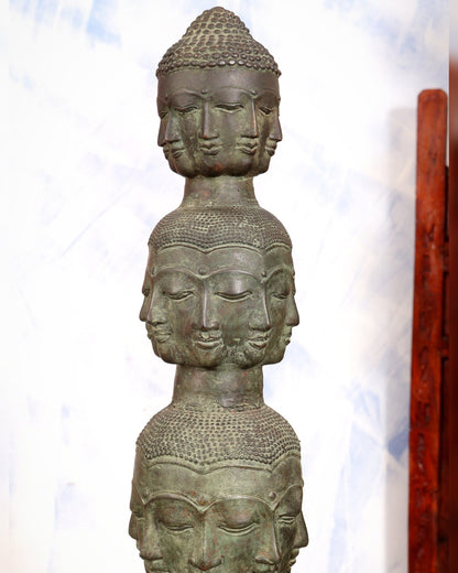Bronze Buddha faces multi dimensional busts Tower with 40 faces | Lost Wax Sculpture with wooden stand - Budhshiv.com