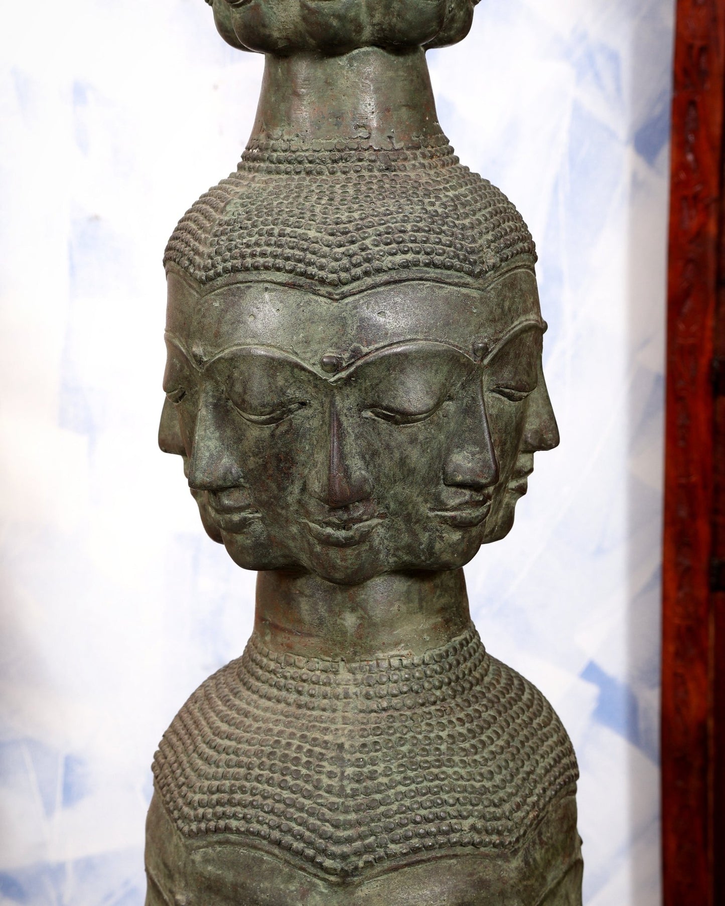 Bronze Buddha faces multi dimensional busts Tower with 40 faces | Lost Wax Sculpture with wooden stand - Budhshiv.com