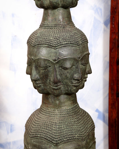 Bronze Buddha faces multi dimensional busts Tower with 40 faces | Lost Wax Sculpture with wooden stand - Budhshiv.com