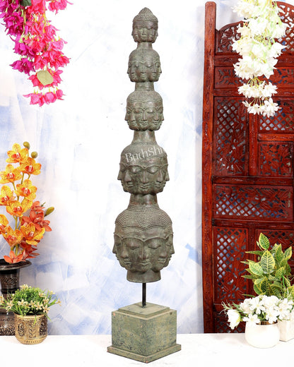 Bronze Buddha faces multi dimensional busts Tower with 40 faces | Lost Wax Sculpture with wooden stand - Budhshiv.com