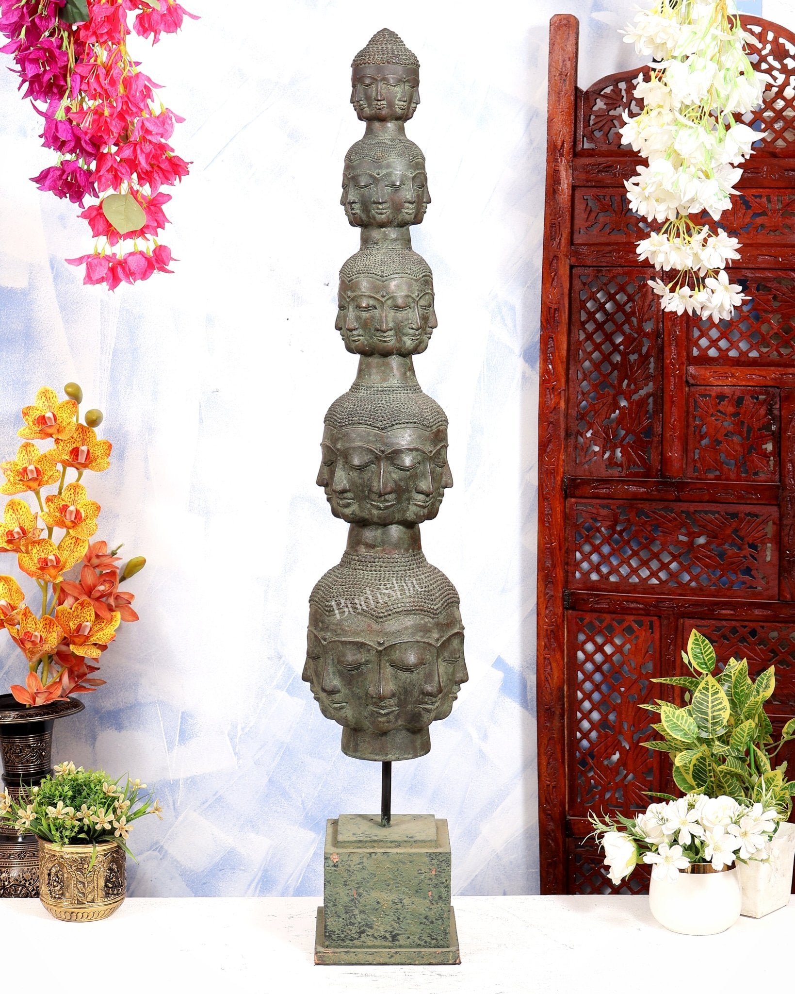 Bronze Buddha faces multi dimensional busts Tower with 40 faces | Lost Wax Sculpture with wooden stand - Budhshiv.com