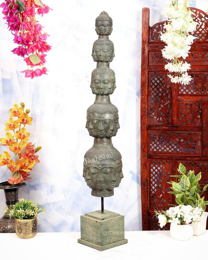 Bronze Buddha faces multi dimensional busts Tower with 40 faces | Lost Wax Sculpture with wooden stand - Budhshiv.com