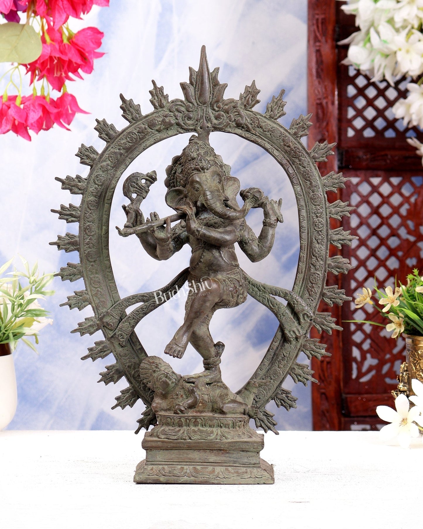 Bronze Dancing Ganesha Nataraja Playing Flute Arch – Patina Finish 13 inch - Budhshiv.com