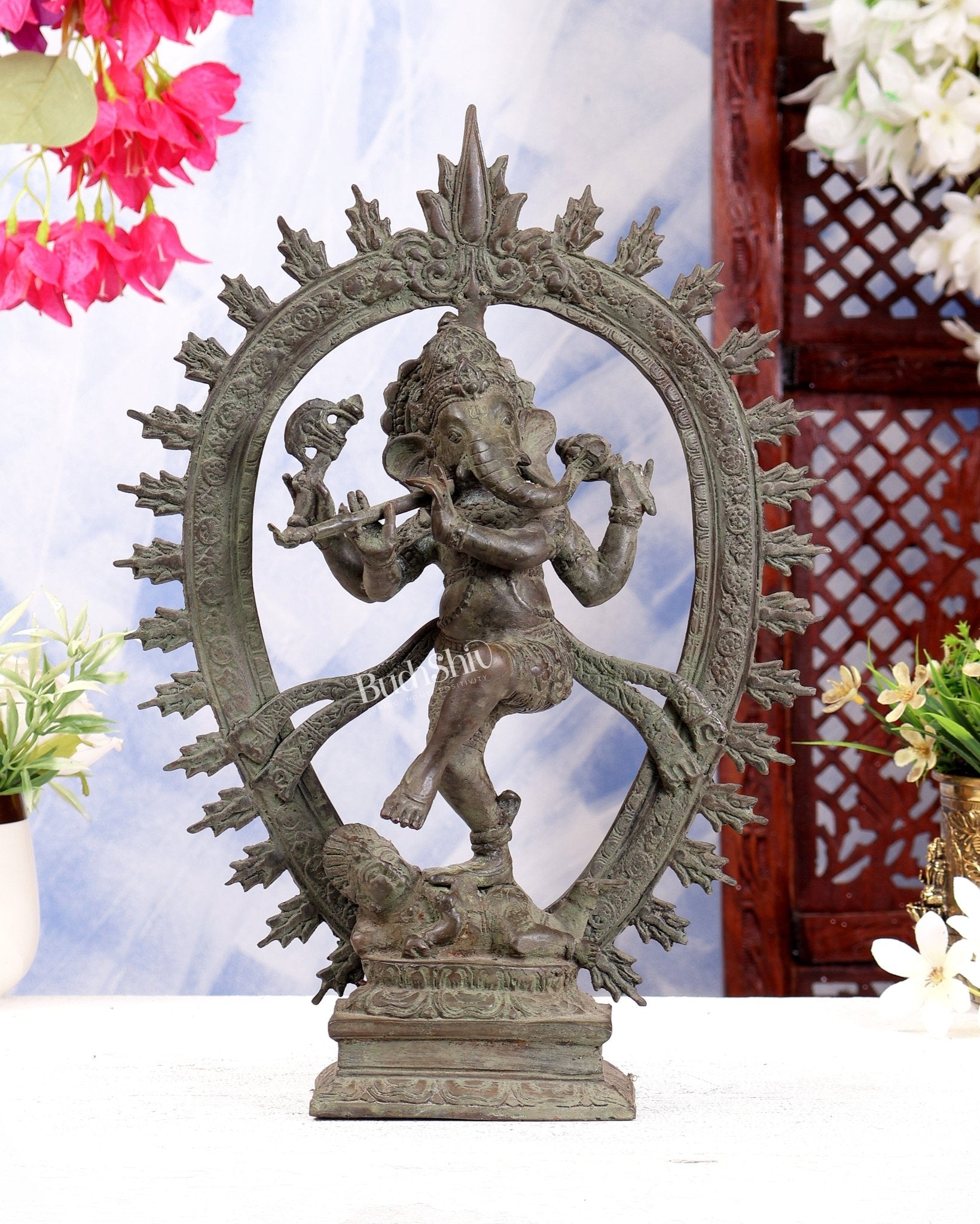 Bronze Dancing Ganesha Nataraja Playing Flute Arch – Patina Finish 13 inch - Budhshiv.com