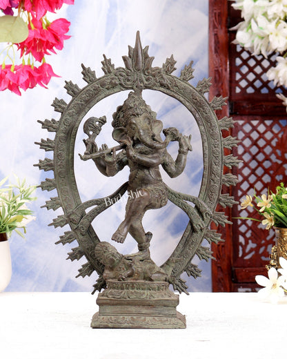 Bronze Dancing Ganesha Nataraja Playing Flute Arch – Patina Finish 13 inch - Budhshiv.com