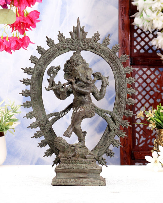 Bronze Dancing Ganesha Nataraja Playing Flute Arch – Patina Finish 13 inch - Budhshiv.com