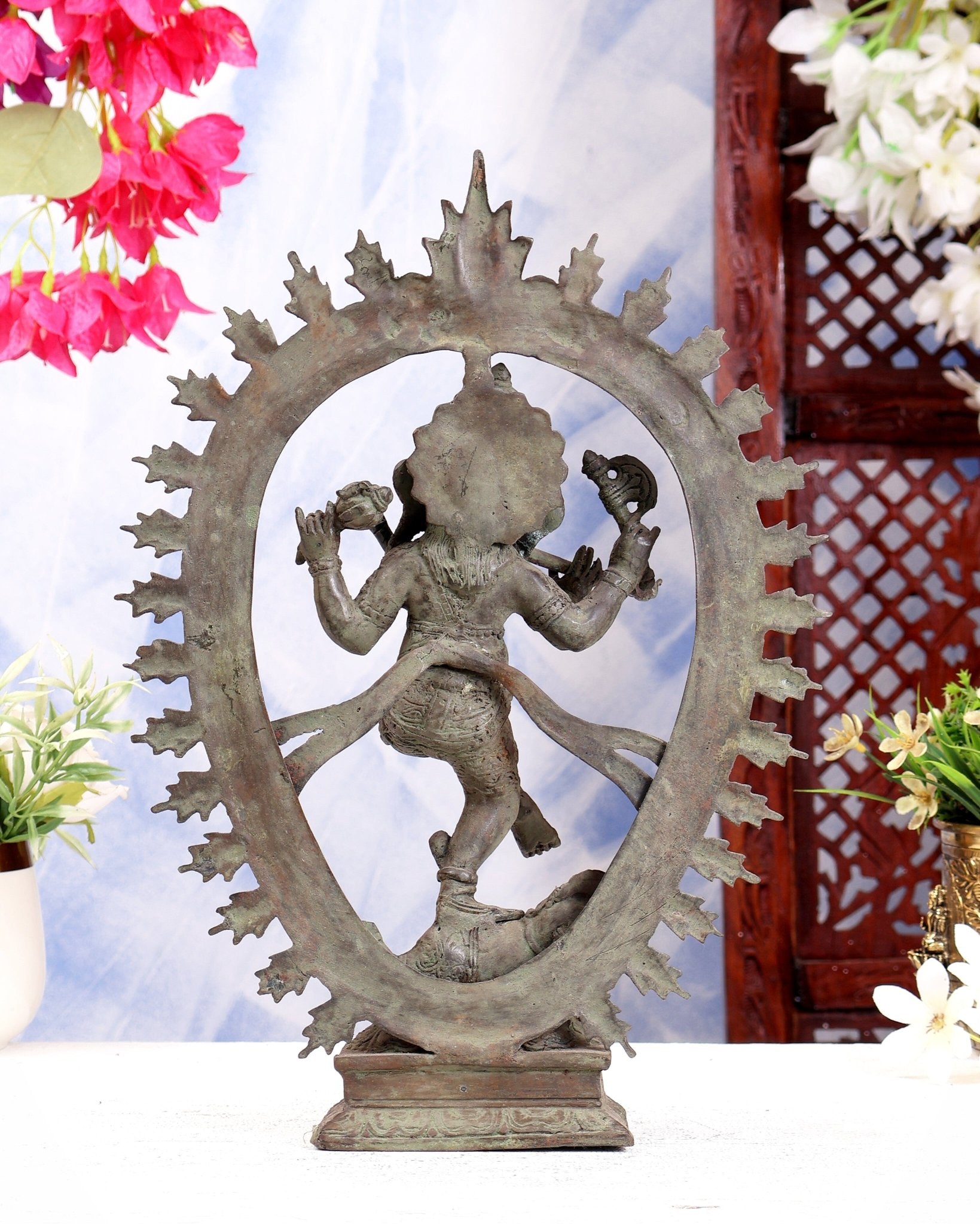 Bronze Dancing Ganesha Nataraja Playing Flute Arch – Patina Finish 13 inch - Budhshiv.com