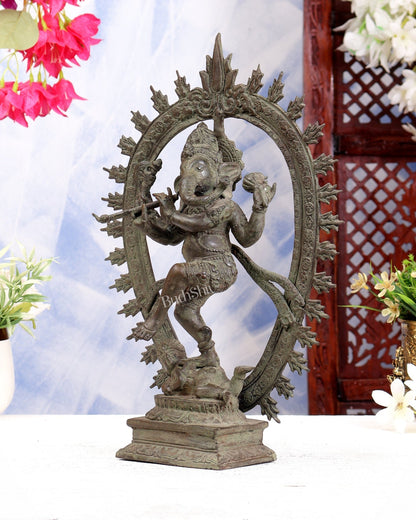 Bronze Dancing Ganesha Nataraja Playing Flute Arch – Patina Finish 13 inch - Budhshiv.com
